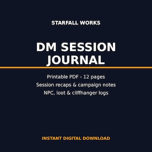 Utskrivbar DM-sessionsdagbok | D&D-kampanjanteckningsbok i PDF-format | Sessionssammanfattning, NPC och lootlogg | Dungeon Master-present