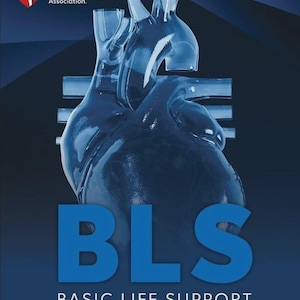 Puede incluir: Una portada de manual azul oscuro con una ilustración anatómica de un corazón azul translúcido. El texto dice American Heart Association, BLS, BASIC LIFE SUPPORT y PROVIDER MANUAL en letras blancas y azules sobre un fondo oscuro.