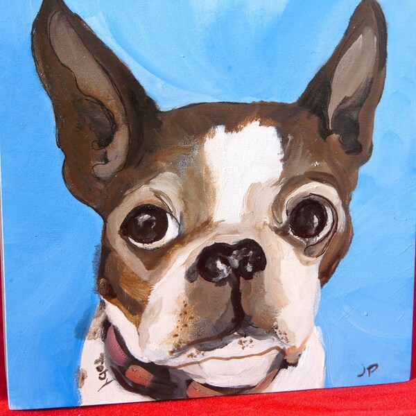 4 "x4" Retrato personalizado de mascotas pintado a mano de Toby the Brindle Boston Terrier