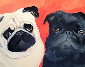 Custom order for Tara 16"x30" large double pug portrait of Byron & Ace and 16"x20" single pug of Ivy on Etsy