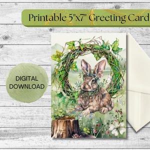Cartão digital, cartão de felicitações de lebre mística, coelho da floresta encantado, arte celestial e bruxa, download instantâneo, impressão em casa, cartão em branco