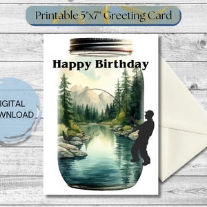 Cartão de aniversário digital para ele, cartão de natureza para imprimir, cartão de aniversário de pescador, cartão de esportista, cartão de download instantâneo para ele, cartão de pescador