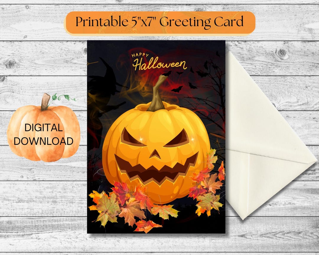 Spooky Halloween Digital Card - Evil Pumpkin Printable Card - Witch ...