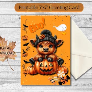 Halloween Digital Card | Cute Highland Cow Pumpkin Boo Greeting | Printable Fall Card | Ghost & Candy Trick or Treat | Instant Download