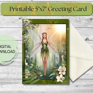 Green Fairy Digital Card – Whimsical Woodland Elf Art – Fantasy Printable Greeting Card – Enchanted Forest Greeting Card – Instant Download