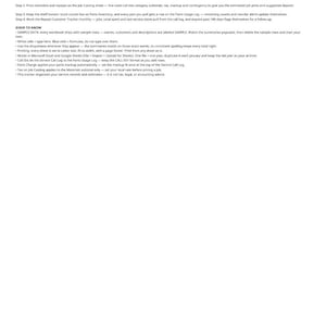 May include: A digital document titled Plumber Business Tracker - How to Use, outlining a four-step workflow for managing service calls, job costing, parts inventory, and repeat customers, including instructions on cell usage and data entry.