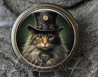 Steampunk Cat Retractable Badge Holder - Steampunk Cat Badge Reel- Cat Badge Holder - Office Badge Reel - ID Holder - Nurse Badge Reel -240
