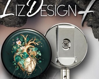 Human Heart with Flowers Heavy Duty Badge Reel -Heart Medical Belt Clip Heavy Duty Badge Holder with Steel Cable -Slide Clip Badge Reel -564