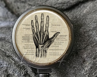 May include: Black badge reel with a bronze bezel and a round, clear plastic cover featuring a vintage anatomical illustration of a hand skeleton.