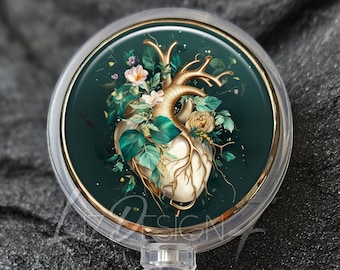 Green and Gold Human Heart Badge Reel - Human Heart with Flowers Badge Holder with Linen - Medical Badge Reel - Cardiology Badge Reel - 564