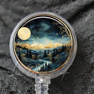 Blue and Gold Forest Retractable Badge Holder -Blue and Gold Mountains Badge Reel -Office Badge Reel -Teacher Gift -Nurse Badge Reel - 394