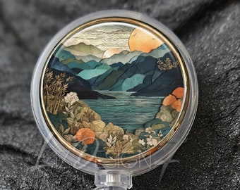 Green and Gold Forest Retractable Badge Holder -Green and Gold Mountains Badge Reel -Office Badge Reel -Teacher Gift -Nurse Badge Reel - 308