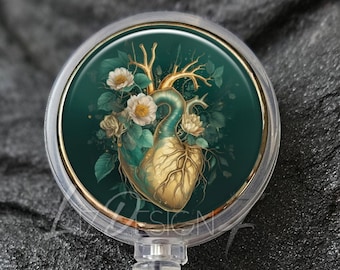 Green and Gold Human Heart Badge Reel - Human Heart with Flowers Badge Holder - Human Heart Medical Badge Reel - Cardiology Badge Reel - 563