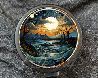 Ocean Waves at Night Retractable Badge Holder - Blue and Gold Moon Badge Reel - Office Badge Reel -Teacher Gift -Nurse Badge Reel - 385