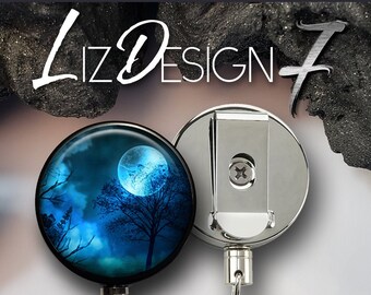 Blue Misty Moon and Cloud Heavy Duty Badge Reel with Steel Cable - Belt Clip Heavy Duty Badge Holder with Steel Cable -Slide Clip Badge Reel