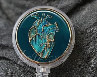 Aqua and Gold Human Heart Badge Reel - Human Heart Badge Holder with Gold - Medical Badge Reel - Cardiology Badge Reel - A304