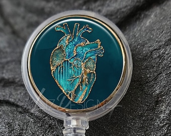 Aqua and Gold Human Heart Badge Reel - Human Heart Badge Holder with Gold - Medical Badge Reel - Cardiology Badge Reel - A304