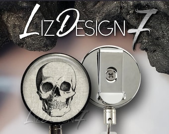 Human Skull Heavy Duty Badge Reel with Steel Cable - Medical Belt Clip Heavy Duty Badge Holder with Steel Cable - Slide Clip Badge Reel