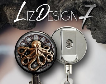 Steampunk Octopus Heavy Duty Badge Reel with Steel Cable - Belt Clip Heavy Duty Badge Holder with Steel Cable - Slide Clip Badge Reel