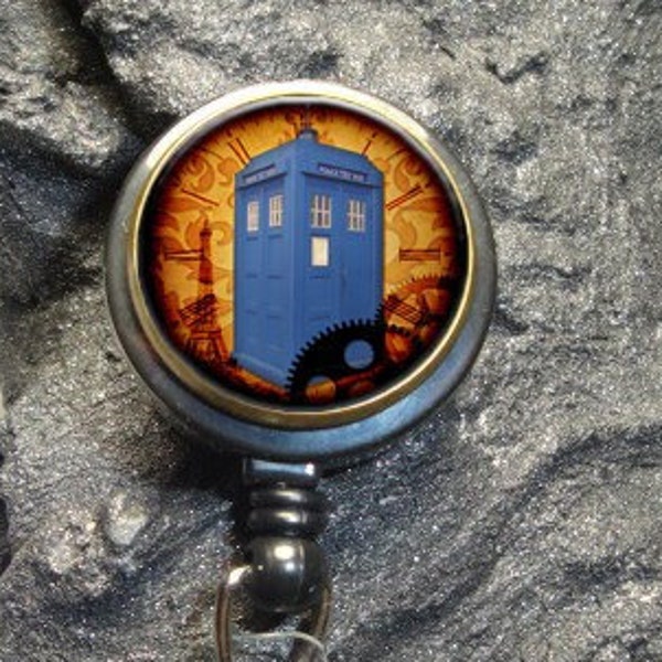 Steampunk Dr. Who Retractable Badge Holder - Dr Who Badge Reel - Office Badge Reel - ID Holder - Doctor Badge Reel - Nurse Badge Holder -122