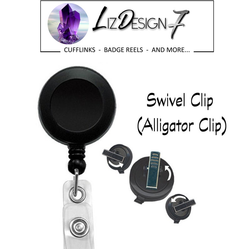 May include: Black swivel clip with a clear plastic retractable badge reel. The clip is designed to attach to clothing or a bag. The reel is used to hold a badge or ID card. The clip is also known as an alligator clip.