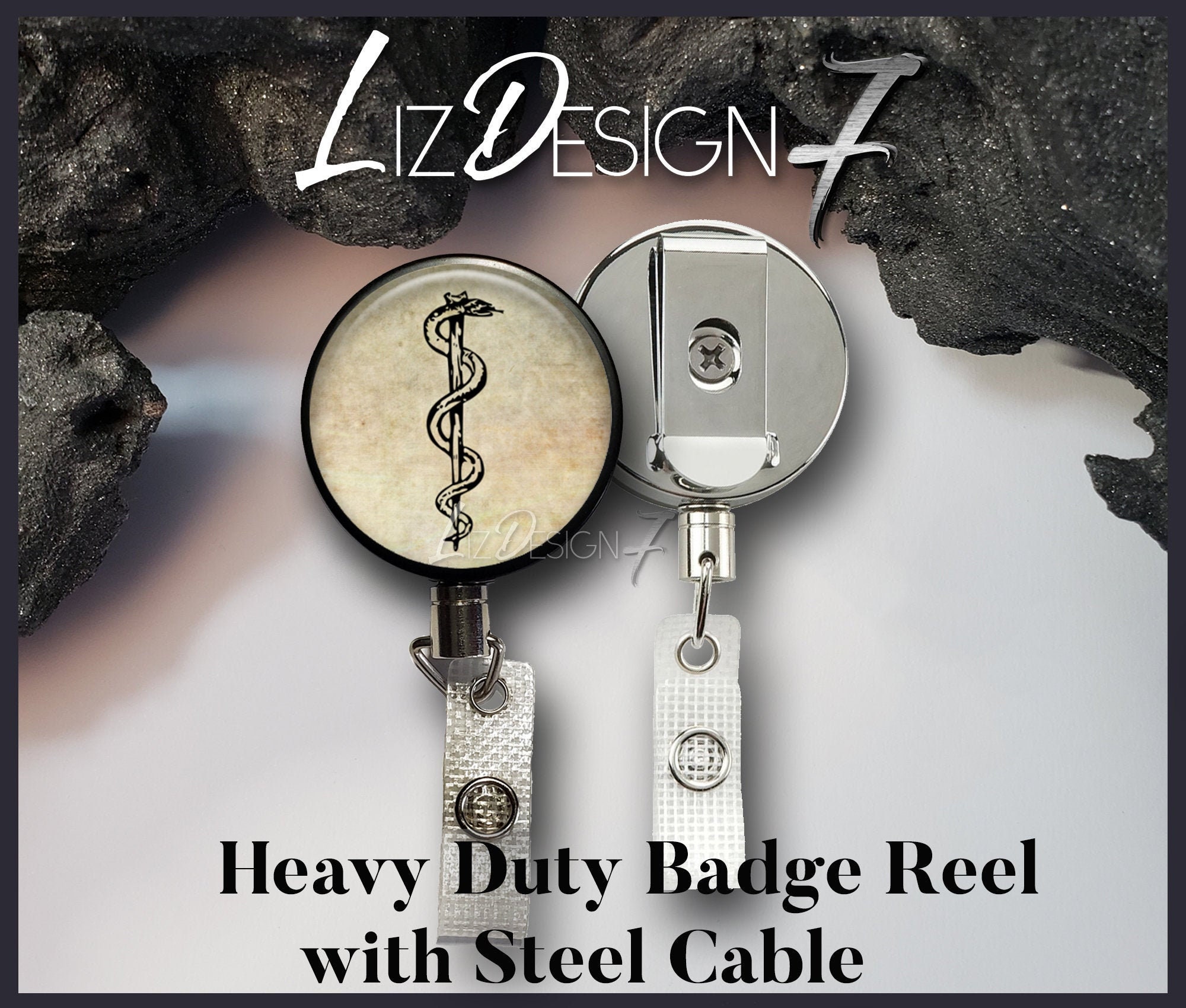 Rod of Asclepius Heavy Duty Badge Reel with Steel Cable - Medical Belt Clip Heavy Duty Badge Holder with Steel Cable - Slide Clip Badge Reel