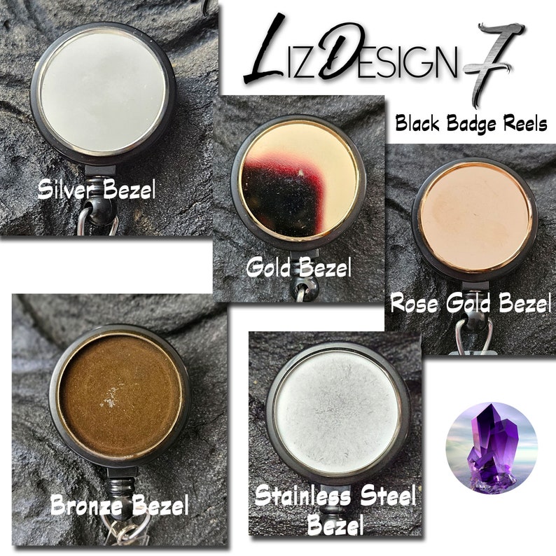 May include: Five different badge reels with black retractable cords and various colored bezels. The bezels are silver, gold, rose gold, bronze, and stainless steel. The text "Liz Design 7 Black Badge Reels" is at the top of the image.