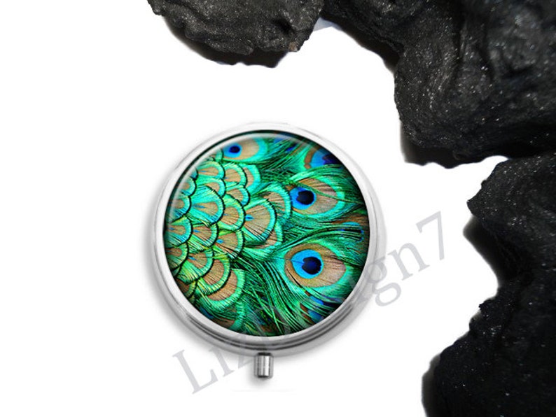 Peacock Feather Pill Box,Peacock Pill Case,Trinket Box Storage,Medical Pills Storage,Pill Container,Jewelry Box,Gift for Her,Peacock Box image 1