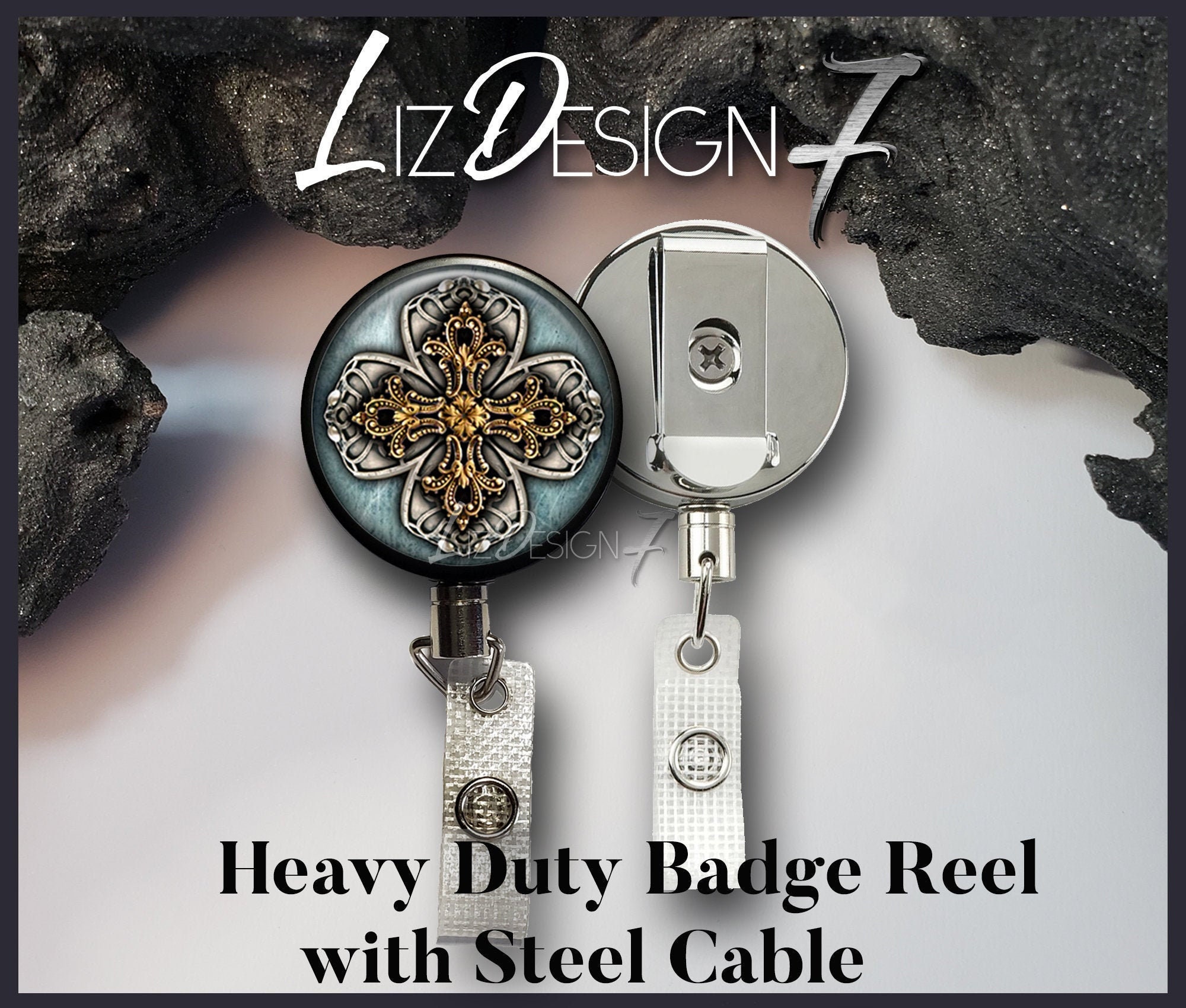 Steampunk Cross Heavy Duty Badge Reel with Steel Cable -Brooch Belt Clip Heavy Duty Badge Holder with Steel Cable - Slide Clip Badge Reel