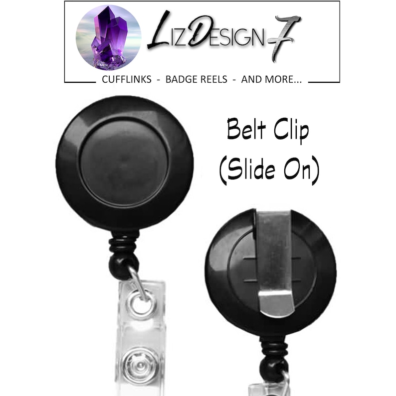 May include: Black retractable badge reel with a slide-on belt clip. The reel has a clear plastic badge holder.