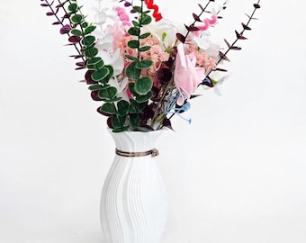 Artificial Flower Arrangement in White Vase| Pink and White Faux Floral Centerpiece with Roses and Eucalyptus | One of a Kind Gift