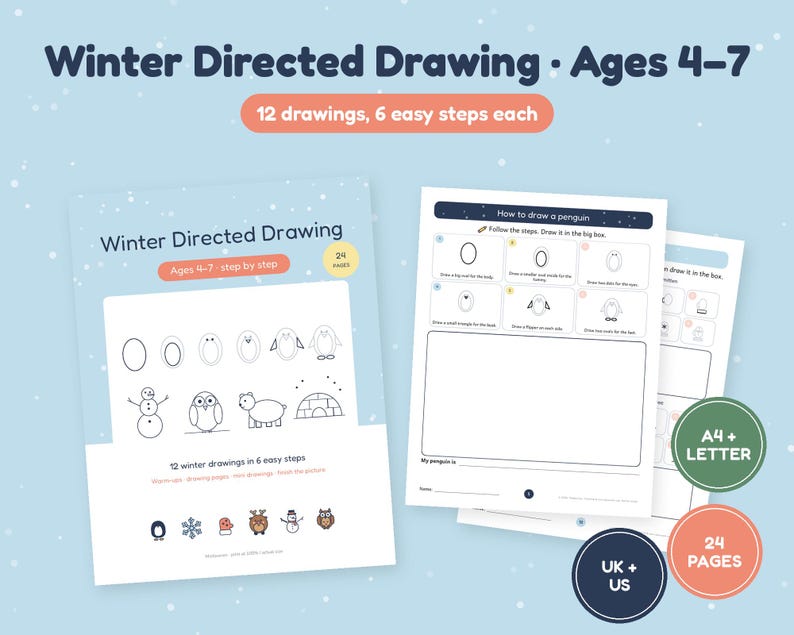 Winter Line Line Drawing Winter Directed Drawing Printable Ages 4-7, Step by Step How to Draw ...
