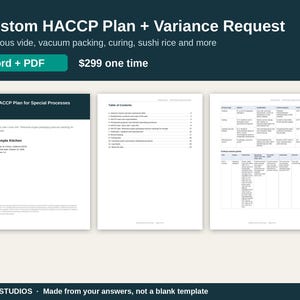 Può includere: Un documento digitale intitolato Custom HACCP Plan + Variance Request per sous vide, confezionamento sottovuoto e salagione. Include tre pagine: una copertina per Sample Kitchen, un indice e una tabella di processo con punti critici di controllo.