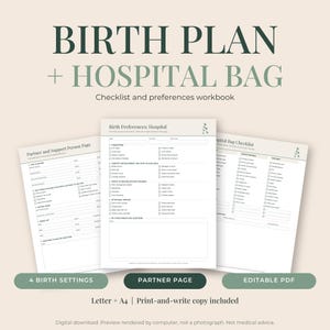 Puede incluir: Un libro de trabajo digital de plan de parto y lista de verificación para el hospital con tres páginas con casillas de verificación y campos de texto. Incluye secciones para preferencias de parto y listas de equipaje.