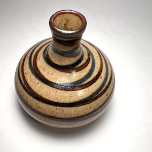 Vintage Otagiri OMC Striped Bud Vase Japan, Mid Century Modern Stoneware Weed Pot, 1970s Earthy Miniature Ceramic Vase with Gold Label