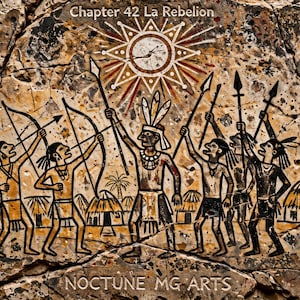 May include: A rock art style illustration featuring the text Chapter 42 La Rebelion and NOCTUNE MG ARTS. The scene depicts figures with spears and bows near huts and palm trees, with a central sun symbol and red handprints on the stone.