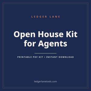 Puede incluir: Un gráfico digital azul oscuro con el texto LEDGER LANE en la parte superior, seguido de Open House Kit for Agents en letras blancas grandes. Debajo hay una línea horizontal y el texto PRINTABLE PDF KIT • INSTANT DOWNLOAD y ledgerlanetools.com.