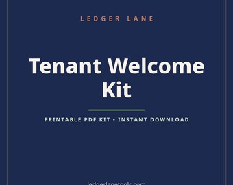 Peut inclure: Un graphique carré bleu foncé avec une fine bordure présentant le texte LEDGER LANE en haut, Tenant Welcome Kit au centre, et PRINTABLE PDF KIT • INSTANT DOWNLOAD en dessous. Le site web ledgerlanetools.com est en bas.
