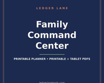 Peut inclure: Un graphique numérique bleu foncé avec une fine bordure pêche. Le texte indique LEDGER LANE, Family Command Center, PRINTABLE PLANNER • PRINTABLE + TABLET PDFS, et ledgerlanetools.com en lettres blanches et pêche sur fond marine.