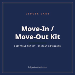 Puede incluir: Un gráfico digital azul oscuro con un borde fino que presenta el texto Ledger Lane en la parte superior, Move-In / Move-Out Kit en el centro y el texto Printable PDF Kit • Instant Download debajo, terminando con ledgerlanetools.com.
