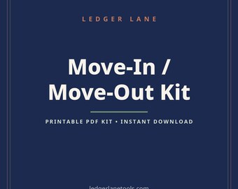 Peut inclure: Un graphique numérique bleu foncé avec une fine bordure affichant le texte Ledger Lane en haut, Move-In / Move-Out Kit au centre, et le texte Printable PDF Kit • Instant Download en bas, se terminant par ledgerlanetools.com.