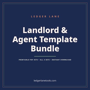 Puede incluir: Un gr&aacute;fico digital azul oscuro con un borde fino que presenta el texto LEDGER LANE en la parte superior, seguido de Landlord & Agent Template Bundle en fuente blanca grande, y Printable PDF Kits, All 4 Kits, Instant Download, y ledgerlanetools.com.