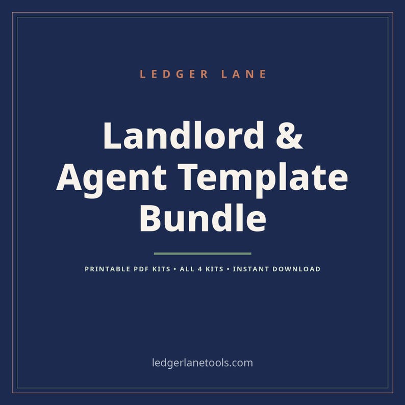 Puede incluir: Un gr&aacute;fico digital azul oscuro con un borde fino que presenta el texto LEDGER LANE en la parte superior, seguido de Landlord & Agent Template Bundle en fuente blanca grande, y Printable PDF Kits, All 4 Kits, Instant Download, y ledgerlanetools.com.