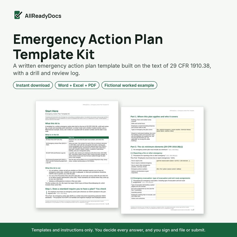 Emergency Action Plan Template, Editable Word EAP Built on OSHA 1910.38 ...