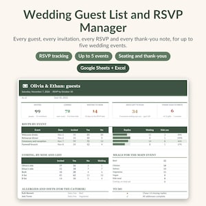 Wedding Guest List Spreadsheet, Google Sheets RSVP Tracker, Meal Choices, Seating Chart