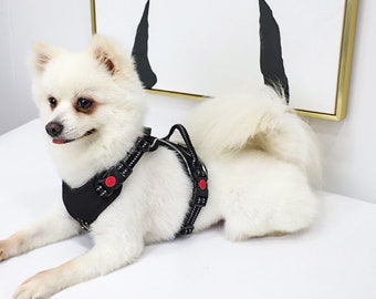 May include: A black dog harness with reflective silver stitching and bright red circular release buttons on the side straps. The harness features adjustable nylon webbing straps and a sturdy metal D-ring attachment point for a leash on the back.