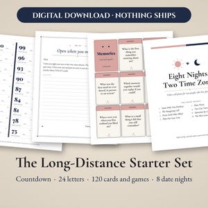 May include: A digital download set titled The Long-Distance Starter Set, featuring a countdown sheet, letter templates, memory prompt cards with pink accents, and a guide for Eight Nights, Two Time Zones with a sun and moon icon.