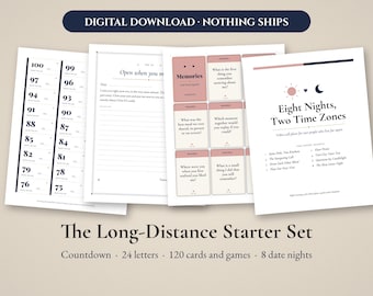 May include: A digital download set titled The Long-Distance Starter Set, featuring a countdown sheet, letter templates, memory prompt cards with pink accents, and a guide for Eight Nights, Two Time Zones with a sun and moon icon.