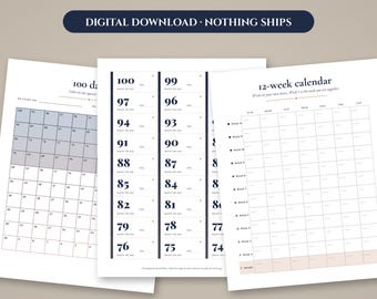 May include: Three printable planner pages featuring a 100-day countdown tracker with numbered squares, a vertical list of 100 days to go with checkboxes, and a 12-week calendar grid with blank spaces for dates and weekly planning notes.