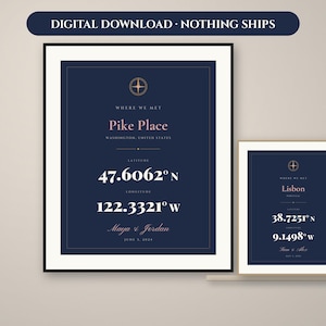May include: Two vertical rectangular wall art prints with a dark navy blue background and white text. The designs feature a compass icon, the text Where We Met, location names, latitude and longitude coordinates, names, and a date in a serif font.